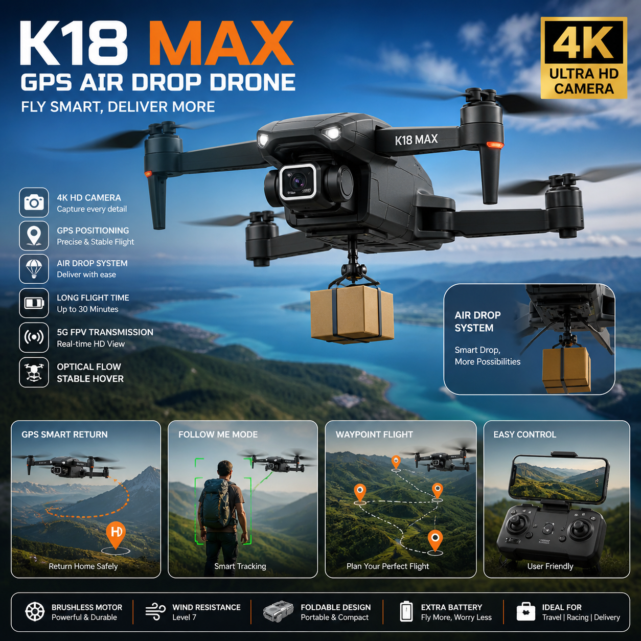 K18 Max RC Drone 8K GPS 5G Dual Camera Brushless Obstacle Avoid Foldable